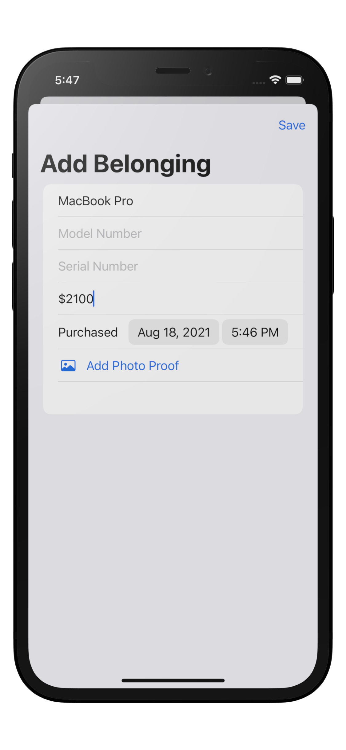 Image of adding a belonging within the home inventory app