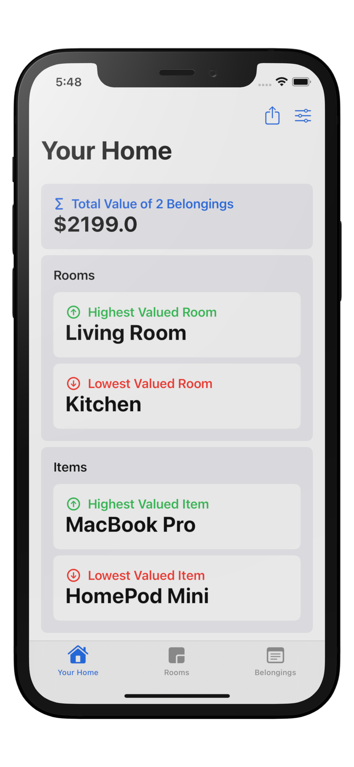 image of the app home inventory dashboard